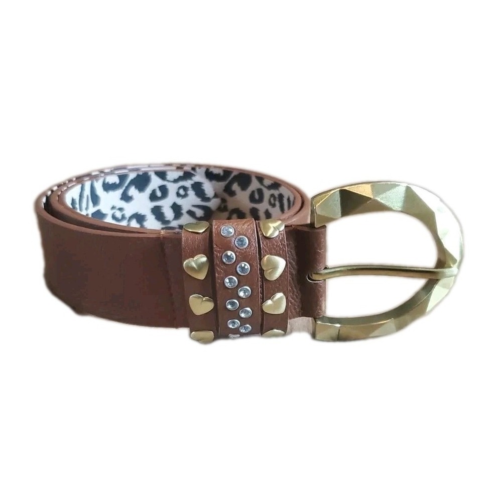 Betsy Johnson Belt Size Large Faux Leather Brown‎ Brass Color Buckle Hearts